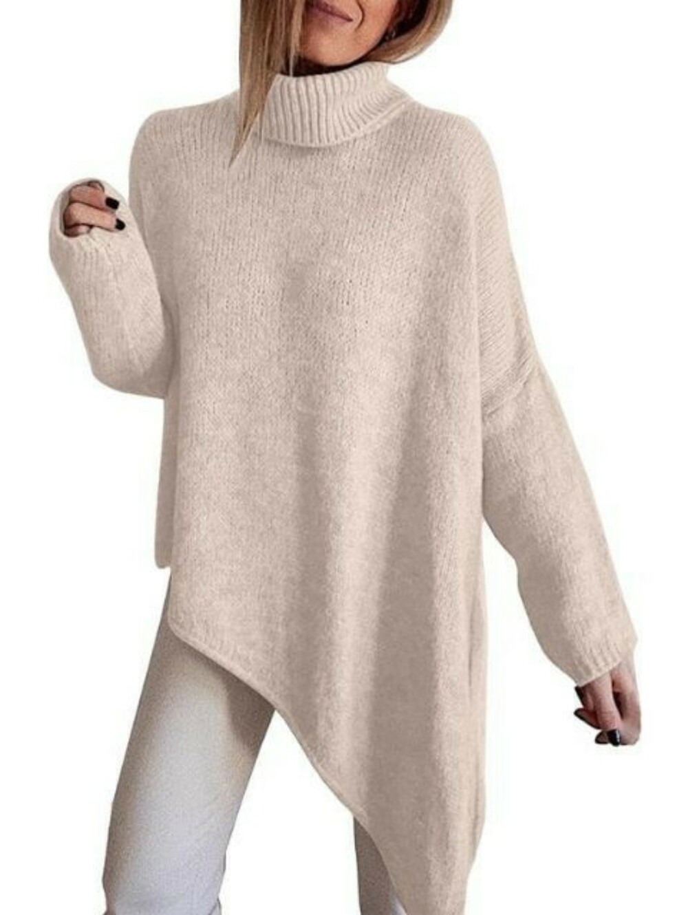 BTFBM Asymmetric Turtleneck Sweater Oatmeal Tan Large